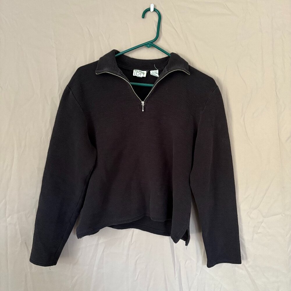 Ann Taylor Loft Womens Black 1/4 Zip Cotton Cropped Large Pull Over Sweater